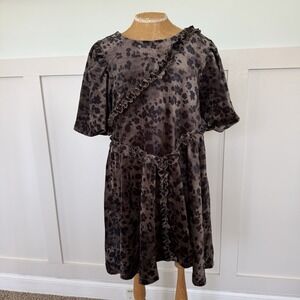 Mikarose Printed Mini Dress SMALL Velour Animal Print Ruffle Grunge Puff Sleeve